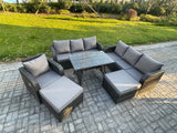 Fimous Rattan Garden Furniture Dining Set 9 seater Patio Rectangular Table 2 Big Footstool Dark Grey Mixed