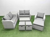 Fimous High Back Poly Rattan Garden Furniture Set with Reclining Chair Loveseat Sofa Rectangular Coffee Table Indoor Outdoor Patio  Set 3 Stools Side Table Light Grey