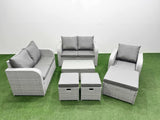 Fimous High Back Poly Rattan Garden Furniture Set with Reclining Chair Loveseat Sofa Rectangular Coffee Table Indoor Outdoor Patio  Set 3 Stools Light Grey