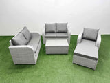 Fimous High Back Poly Rattan Garden Furniture Set with Reclining Chair Loveseat Sofa Rectangular Coffee Table Indoor Outdoor Patio  Set Big Stool Light Grey