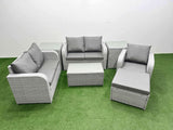 Fimous High Back Poly Rattan Garden Furniture Set with Reclining Chair Loveseat Sofa Rectangular Coffee Table Indoor Outdoor Patio  Set Big Stool 2 Side Table Light Grey