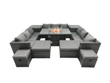 Fimous Rattan Garden Furniture Firepit Dining Set 13 Seater Lounge Sofa Table Set with 4 Footstools 2 Side Tables