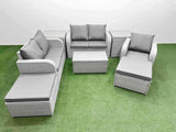 Fimous High Back Poly Rattan Garden Furniture Set with Reclining Chair Loveseat Sofa Rectangular Coffee Table Indoor Outdoor Patio  Set 2 Big Stool 2 Side Table Light Grey