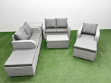 Fimous High Back Poly Rattan Garden Furniture Set with Reclining Chair Loveseat Sofa Rectangular Coffee Table Indoor Outdoor Patio  Set 2 Big Stool Side Table Light Grey