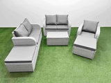 Fimous High Back Poly Rattan Garden Furniture Set with Reclining Chair Loveseat Sofa Rectangular Coffee Table Indoor Outdoor Patio  Set 2 Big Stool Light Grey