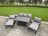 Fimous 7-Piece Aluminium Garden Furniture Sets 7 Seater Outdoor Sofa Set with Adjustable Rising Lifting Dining Table 2 Chairs 2 Big Footstools Side Table