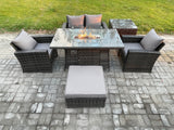 Fimous 5 Seater?Outdoor Rattan Sofa Set Garden Furniture Gas Firepit Dining Table Heater with Big Footstool Side Table Dark Grey Mixed