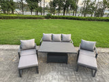 Fimous 6-Piece Aluminium Garden Furniture Sets 7 Seater Outdoor Sofa Set with Adjustable Rising Lifting Dining Table 2 Chairs 2 Big Footstools