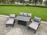 Fimous 6-Piece Aluminium Garden Furniture Sets 7 Seater Outdoor Sofa Set with Adjustable Rising Lifting Dining Table 2 Chairs 2 Big Footstools