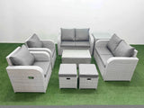 Fimous 8 Seater Outdoor Reclining Chair Love Sofa Set Rattan Garden Furniture Set with Rectangular Coffee Table 2 Stools Side Table Light Grey