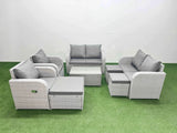 Fimous 9 Seater Outdoor Reclining Chair Love Sofa Set Rattan Garden Furniture Set with Rectangular Coffee Table 3 Stools Light Grey