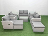 Fimous 8 Seater Outdoor Reclining Chair Love Sofa Set Rattan Garden Furniture Set with Rectangular Coffee Table 2 Big FootStools  Side Table Light Grey