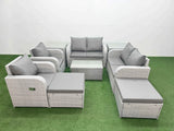 Fimous 8 Seater Outdoor Reclining Chair Love Sofa Set Rattan Garden Furniture Set with Rectangular Coffee Table 2 Big FootStools  2 Side Table Light Grey
