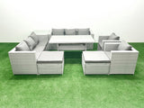 Fimous Rattan Garden Furniture Set Outdoor 8 Seater Patio Dinin g Sofa Sets with Dining Table 2 Chairs Side Table 2 Big Footstools Light Grey Mixed
