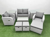 Fimous Light Grey PE Wicker Rattan Garden Furniture Set Sofa Set Reclining Adjustable Chair Rectangular Coffee Table 7 Seater 2 Small Stools 2 Side Table