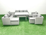 Fimous Rattan Garden Furniture Set Outdoor 8 Seater Patio Dinin g Sofa Sets with Dining Table 2 Chairs 3 Footstools Light Grey Mixed