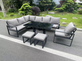 Fimous Aluminum Outdoor Garden Furniture Corner Sofa Chair Footstools Adjustable Rising Lifting Dining Table Sets Dark Grey Black Tempered Glass 9 Seater