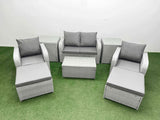 Fimous Light Grey PE Wicker Rattan Garden Furniture Sets Sofa Set Reclining Adjustable Chair Rectangular Coffee Table 6 Seater 2 Big Stools 2 Side Table