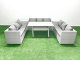 Fimous Rattan Garden Outdoor Furniture Set 9 Seater Garden Sofa Rectangulr Dining Table Set with Side Table Light Grey Mixed