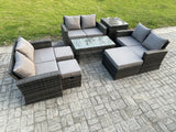 Fimous Outdoor U Shape Sofa Set Wicker PE Rattan Garden Furniture Set with Coffee Table Double Seat Sofa 3 Footstools Side Table Dark Grey Mixed