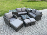 Fimous PE Rattan Garden Furniture Sets Outdoor Love Sofa Chair Set Square Coffee Table 2 Side Tables 3 Footstools