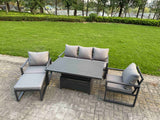 Fimous 5-Piece Aluminium Garden Furniture Sets 6 Seater Outdoor Sofa Set with Adjustable Rising Lifting Dining Table 2 Chairs Big Footstool