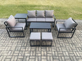 Fimous Aluminium Patio Outdoor Furniture Set 7 Seater Garden Sofa with Oblong Coffee Table 2 Small Footstools 2 Armchairs Side Table Dark Grey
