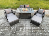 Fimous 6 Seater Rattan Garden Furniture Set Outdoor Lounge Sofa Chair Gas Fire Pit Dining Table Set With 2 Big Footstool Double Seat Sofa Armchiar