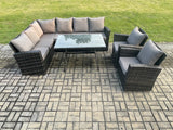 Fimous High Back Outdoor Garden Furniture Set Rattan Corner Sofa Dining Table Set With 2 Armchair 8 Seater Dark Grey Mixed