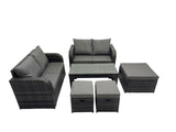 Fimous 3 Seater Sofa Reclining Chair Coffee Table Set Rattan Garden Outdoor Furniture Set with 3 Stools Dark Grey Mixed