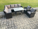 Fimous High Back Outdoor Garden Furniture Set Rattan Corner Sofa Dining Table Set With 2 Armchair 8 Seater Dark Grey Mixed