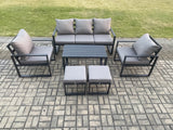 Fimous Aluminium Patio Outdoor Furniture Set 7 Seater Garden Sofa with Oblong Coffee Table 2 Small Footstools 2 Armchairs Dark Grey