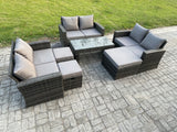 Fimous Outdoor U Shape Sofa Set Wicker PE Rattan Garden Furniture Set with Coffee Table Double Seat Sofa 3 Footstools Side Table Dark Grey Mixed
