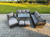 Fimous Wicker 7 Pieces Rattan Garden Furniture Sofa Set with Rectangular Dining Table Armchair 3 Footstools Dark Grey Mixed