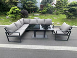Fimous Aluminum Outdoor Garden Furniture Corner Sofa Chair Adjustable Rising Lifting Dining Table Sets Dark Grey Black Tempered Glass 7 Seater