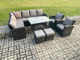 Fimous High Back Outdoor Garden Furniture Set Rattan Corner Sofa Dining Table Set With Armchairs 2 Small Footstools 10 Seater Dark Grey Mixed Left Corner