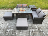 Fimous 6 Seater Rattan Garden Furniture Set Outdoor Lounge Sofa Chair Gas Fire Pit Dining Table Set With 2 Big Footstool Double Seat Sofa Side Table