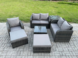 Fimous PE Rattan Garden Furniture Sets Outdoor Love Sofa Chair Set Square Coffee Table Side Table 2 Big Footstool