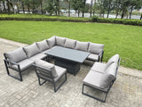 Fimous 9 Pieces Aluminium Garden Furniture Set with Cushions, Patio Furniture Set with Adjustable Rising Lifting Dining Table Dark Grey