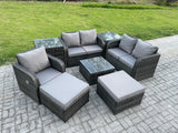 Fimous PE Rattan Garden Furniture Sets Outdoor Love Sofa Chair Set Square Coffee Table 2 Side Tables 2 Big Footstool