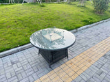 Fimous 5-Piece PE Rattan Garden Furniture with Big Round Gas Firepit Table and 6 Chairs for Patio Dark Grey Mixed