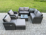 Fimous 7 Seater Rattan Sofa Set Outdoor Garden Furniture Set with Square Coffee Table Loveseat Sofa Reclining Chairs Side Table Big Footstool Dark Grey Mixed