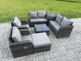 Fimous 7 Seater Rattan Sofa Set Outdoor Garden Furniture Set with Square Coffee Table Loveseat Sofa Reclining Chairs Side Table Big Footstool Dark Grey Mixed