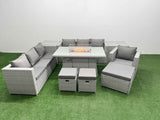 Fimous 10 Seat PE Rattan Lounge Sofa Set Outdoor Garden Furniture Set with Firepit Dining Table 3 Seater Sofa 3 Stools 2 Side Tables Light Grey