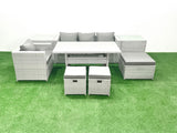 Fimous Rattan Garden Furniture Dining Set 7 Seater Lounge Sofa Chair Dining Table Set with 3 Footstools 2 Side Tables Light Grey Mixed