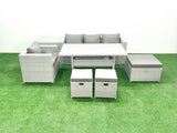 Fimous Rattan Garden Furniture Dining Set 7 Seater Lounge Sofa Chair Dining Table Set with 3 Footstools Side Table Light Grey Mixed
