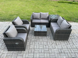 Fimous 6 Seater Rattan Sofa Set Outdoor Garden Furniture Set with Square Coffee Table Loveseat Sofa Reclining Chairs Side Table Dark Grey Mixed