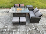 Fimous 6 Pieces Garden Furniture Sets Poly Rattan Outdoor Patio Gas Firepit Dining Table Sofa Set with Side Table 2 Small Footstools