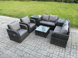 Fimous 6 Seater Rattan Sofa Set Outdoor Garden Furniture Set with Square Coffee Table Loveseat Sofa Reclining Chairs 2 Side Tables Dark Grey Mixed