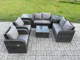 Fimous 6 Seater Rattan Sofa Set Outdoor Garden Furniture Set with Square Coffee Table Loveseat Sofa Reclining Chairs 2 Side Tables Dark Grey Mixed